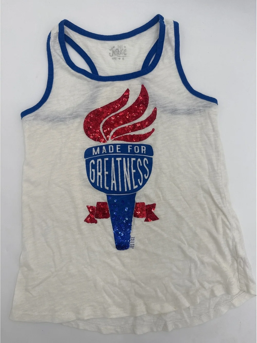 Justice Girls' 8 White Racerback Tank Top with Glitter Torch Graphic